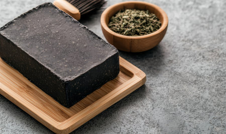 Handmade black soap bar on wooden tray with dried herbsの素材