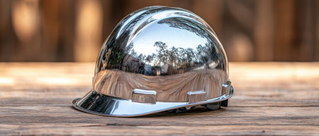 Reflective hard hat on wooden surfaceの素材