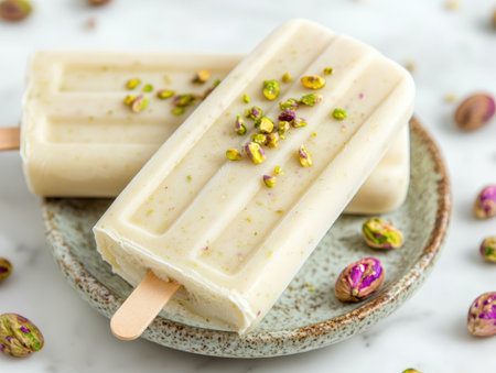creamy pistachio popsicle on a ceramic plateの素材
