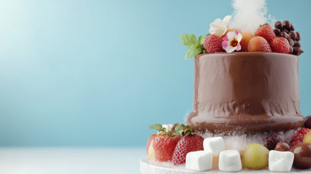Delicious chocolate cake with fresh fruit and flowersの素材