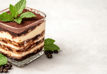 Delicious layered chocolate dessert with mint leavesの素材