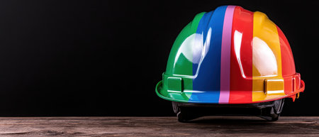 Colorful construction helmet on wooden tableの素材