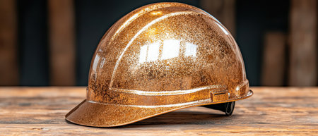 Sparkling gold construction helmet on wooden surfaceの素材