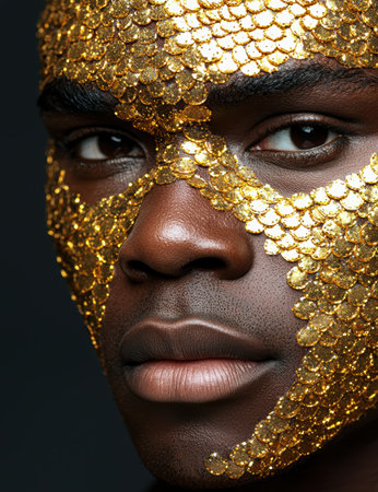 close-up of a person's face covered in golden sequinsの素材