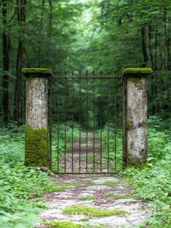 Enchanting forest gate with moss-covered columnsの素材