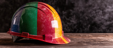 Colorful hard hat on wooden tableの素材