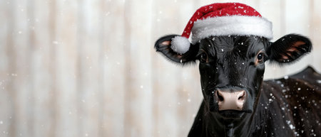 Festive cow in santa hat during winter snowfallの素材