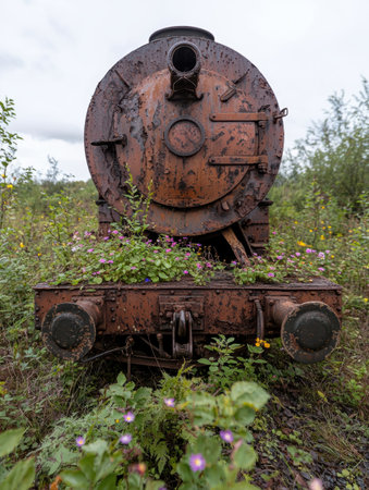 Abandoned steam locomotive overgrown with natureの素材