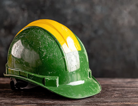 Worn green and yellow construction helmet on wooden surfaceの素材