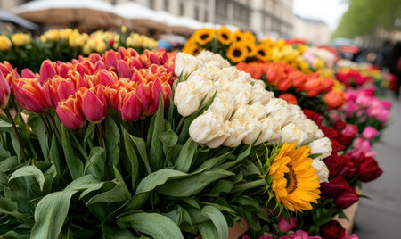 Vibrant floral display at a local marketの素材