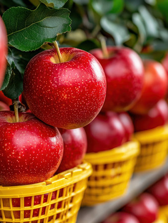 Ripe red apples in a yellow basketの素材