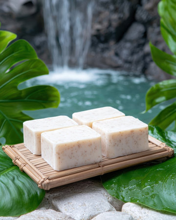 Relaxing natural spa scene with handmade soap barsの素材