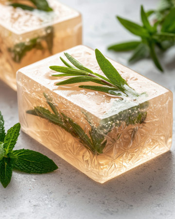 Herbal soap bar with fresh rosemary and mint leavesの素材