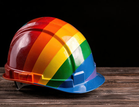 Colorful hard hat on wooden backgroundの素材