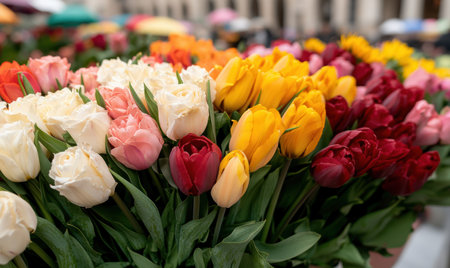 Vibrant tulips and roses in a flower marketの素材