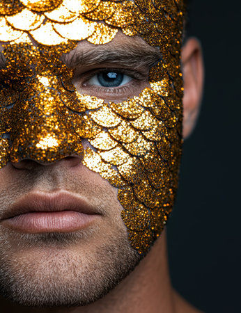 close-up of a person's face covered in golden glitterの素材