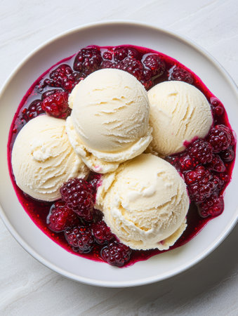 Delicious scoops of ice cream with fresh raspberriesの素材