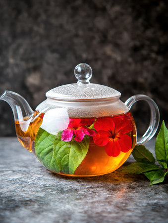 Floral infused herbal tea in a glass teapotの素材