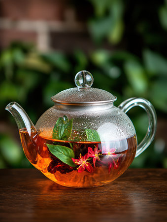Herbal tea infusion in glass teapot with flowersの素材