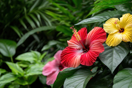 Vibrant tropical flowers in lush greeneryの素材