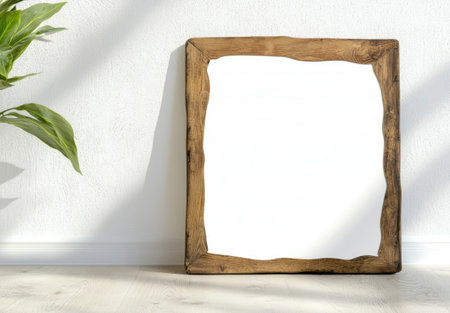 Wooden frame with white background and green leavesの素材