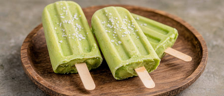 Refreshing green popsicles on wooden plateの素材