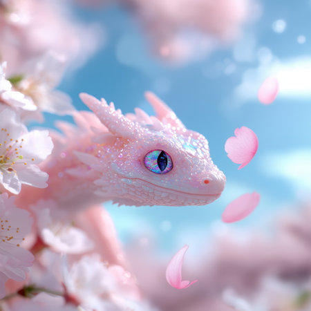 Enchanting pink dragon in cherry blossom gardenの素材