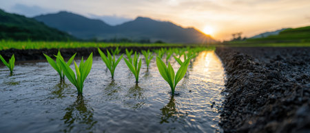 Lush green rice field with mountains at sunsetの素材