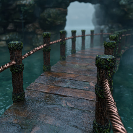Mysterious wooden bridge over serene lakeの素材