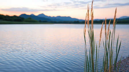 Serene lake and mountain landscape at sunsetの素材
