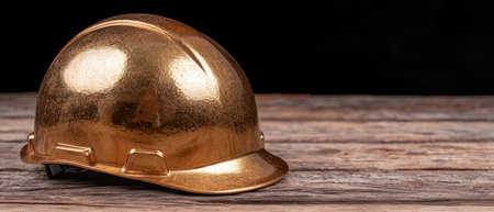 Shiny golden construction helmet on wooden tableの素材