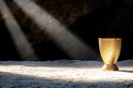 Glowing golden chalice in dark moody atmosphereの素材