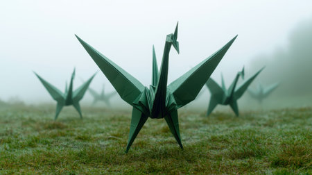 Origami cranes in a misty fieldの素材