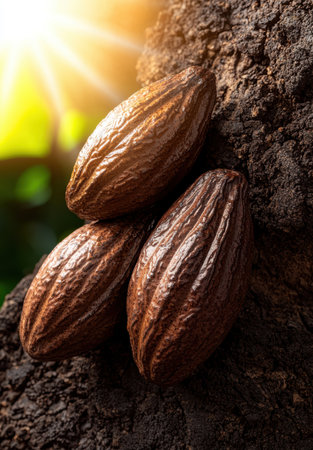 Close-up of cocoa pods on tree barkの素材
