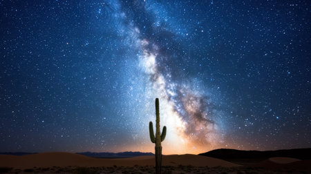 Starry night sky over desert landscape with cactus silhouetteの素材