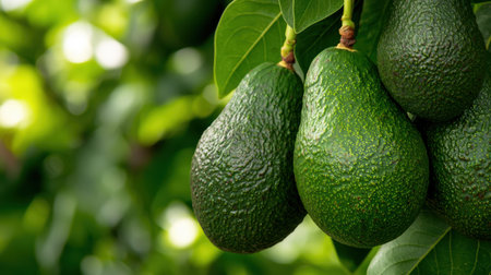 Fresh avocados growing on treeの素材