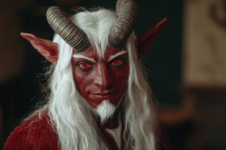 Demonic horned creature with glowing red eyesの素材