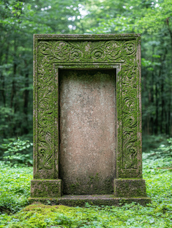 Ornate stone doorway in lush forestの素材