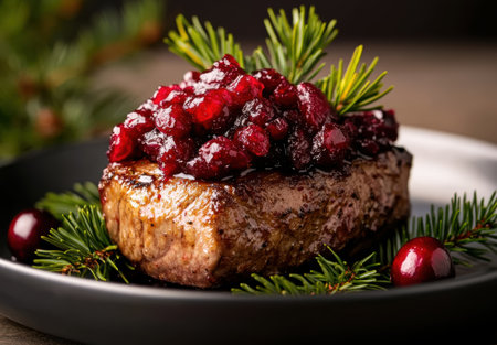 Seared salmon fillet with cranberry compoteの素材