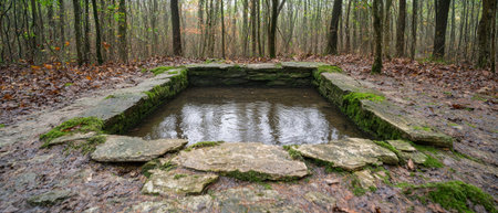 Serene forest pool surrounded by moss-covered rocksの素材