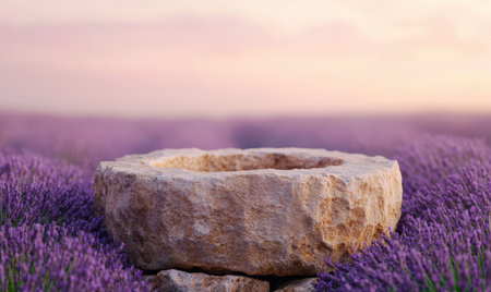 serene lavender field with stone basinの素材