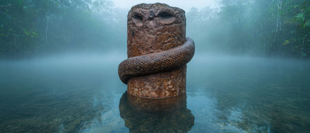 Mysterious snake-like creature coiled around ancient stone pillar in misty jungleの素材
