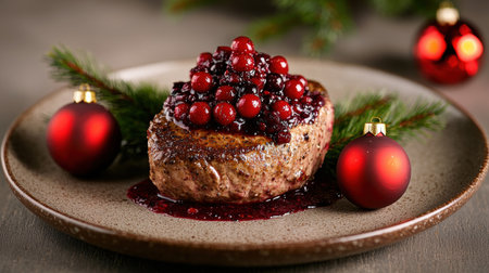 Delicious Christmas dessert with cranberries and pine branchesの素材