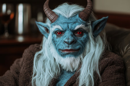 Fearsome Mythical Creature with Horns and Glowing Red Eyesの素材