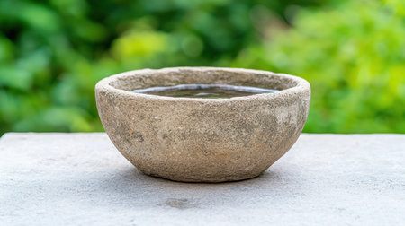 stone bowl with water on table in gardenの素材