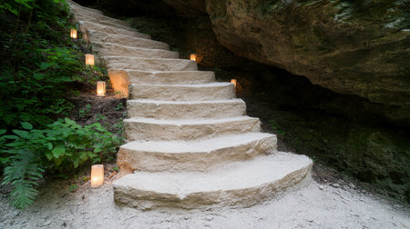 Illuminated stone steps leading into a caveの素材