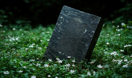 ancient carved stone tablet in lush green meadowの素材