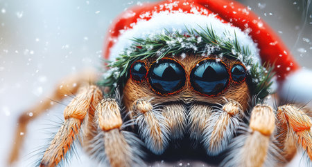 Closeup of a snow-covered spider with large eyesの素材