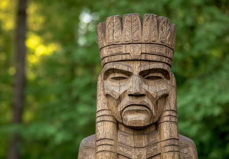 Carved wooden totem pole in forestの素材