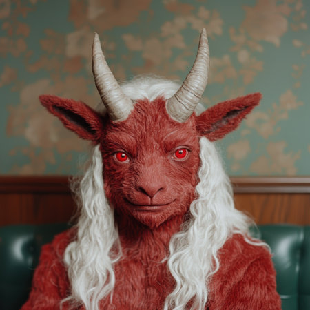 Curious red horned creature with long white hairの素材